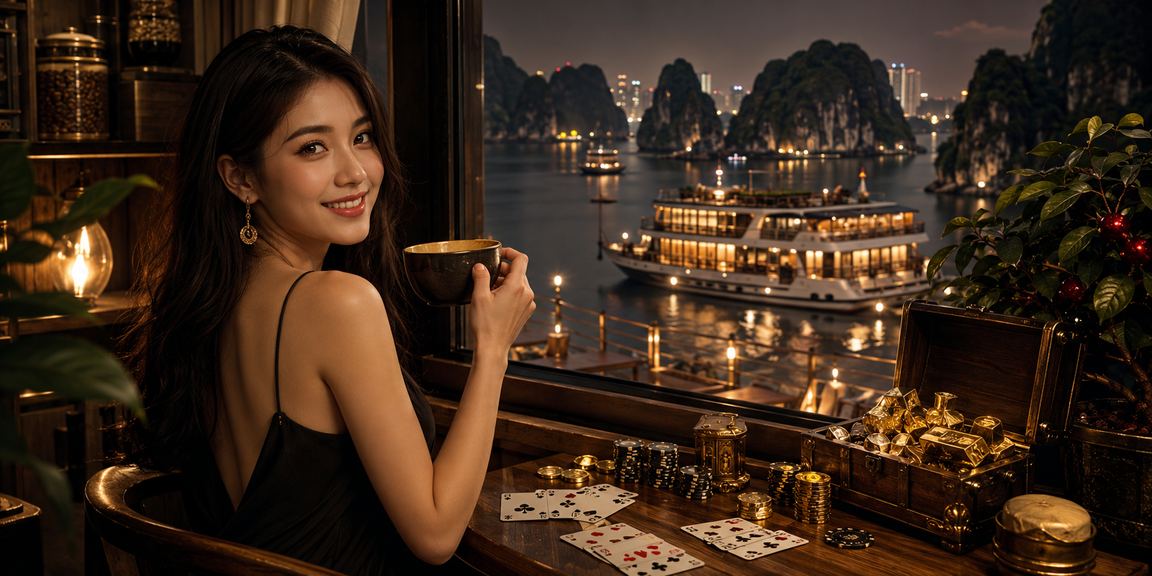 Người dùng thư giãn tại Hạ Long vừa uống cà phê vừa theo dõi ván bài trực tuyến trên điện thoại